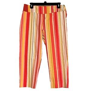 Zac & Rachel Capri Pants Women 12 Petite Red Pink Yellow Striped Stretch Pull On